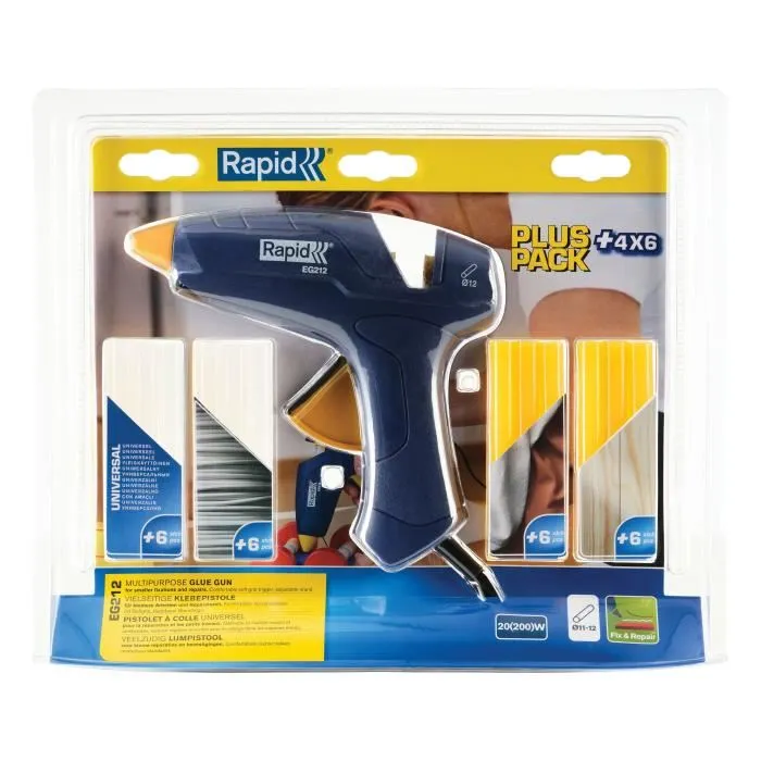 Rapid EG212 Pistolet à colle chaude 20W avec support ajustable, embout silicone et 4 bâtons de colle Ø12mm pour travaux de décoration et réparation