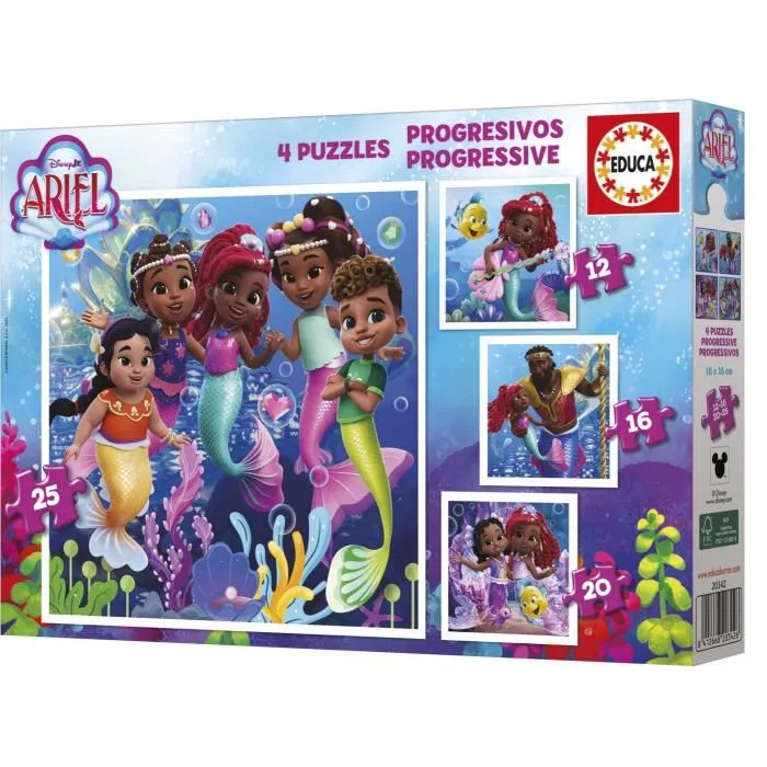 Educa Puzzles Progressifs Disney Ariel - Coffret 4 Puzzles Enfants 12, 16, 20 et 25 Pièces - À Partir de 3 Ans
