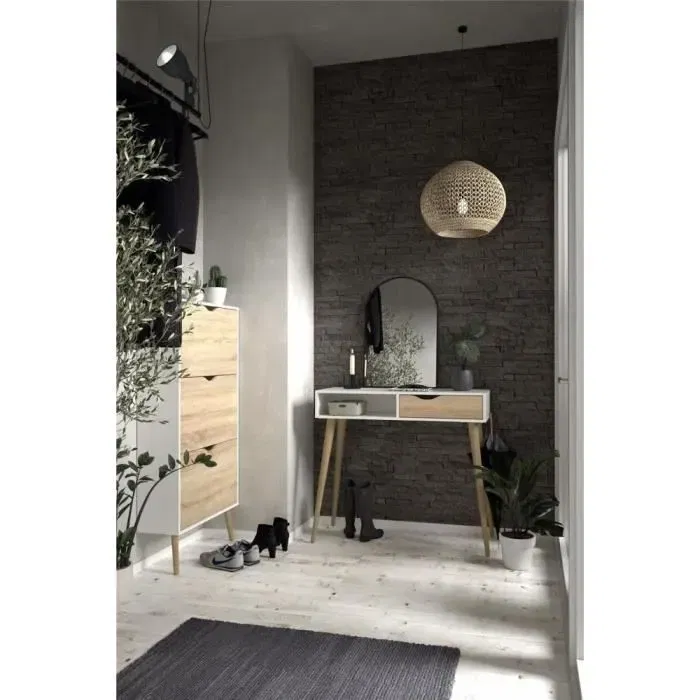 Meuble à chaussures avec 3 abattants - 12 paires - Piètement évasé en bois massif - Finition blanc et chêne - Dimensions 70.2 x 23.9 x 138.9 cm