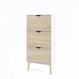 Meuble à chaussures avec 3 abattants - 12 paires - Piètement évasé en bois massif - Finition blanc et chêne - Dimensions 70.2 x 23.9 x 138.9 cm