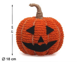 Courge décorative orange avec visage d'Halloween en textile, dimensions 21x18 cm, décoration d'automne traditionnelle