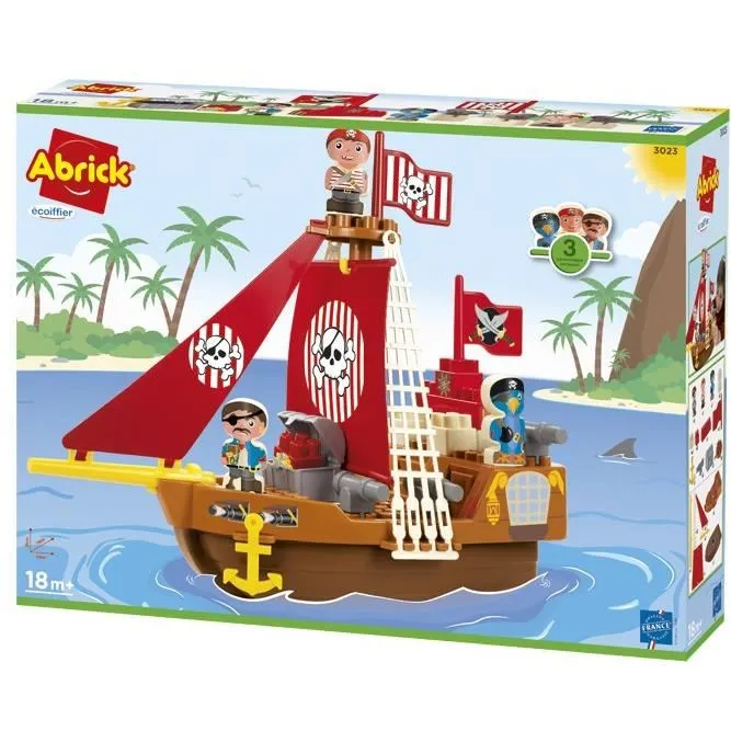 ABRICK Ecoiffier - Jeu de construction Bateau pirate avec 2 pirates, perroquet, coffre au trésor et canons - Pour enfants à partir de 18 mois