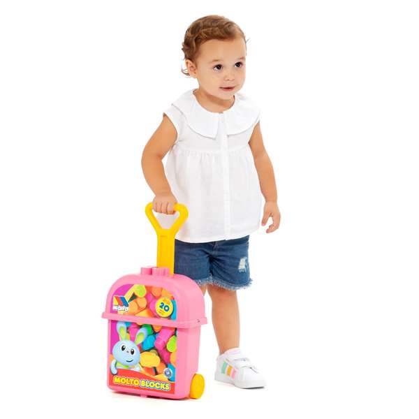 Molto - Valise à roulettes rose avec 20 blocs de construction - Jouet en plastique sans piles