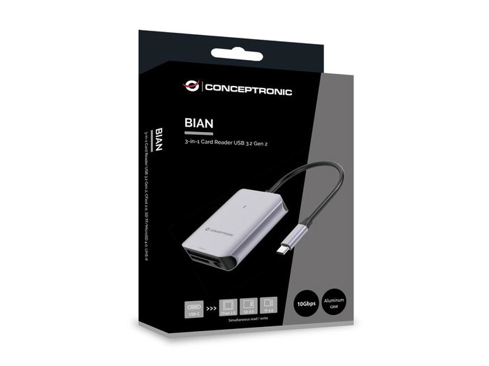 Conceptronic BIAN09G Lecteur de cartes USB Type-C gris, 10 Gbps, USB 3.2 Gen 2, SD/MicroSD/CFast