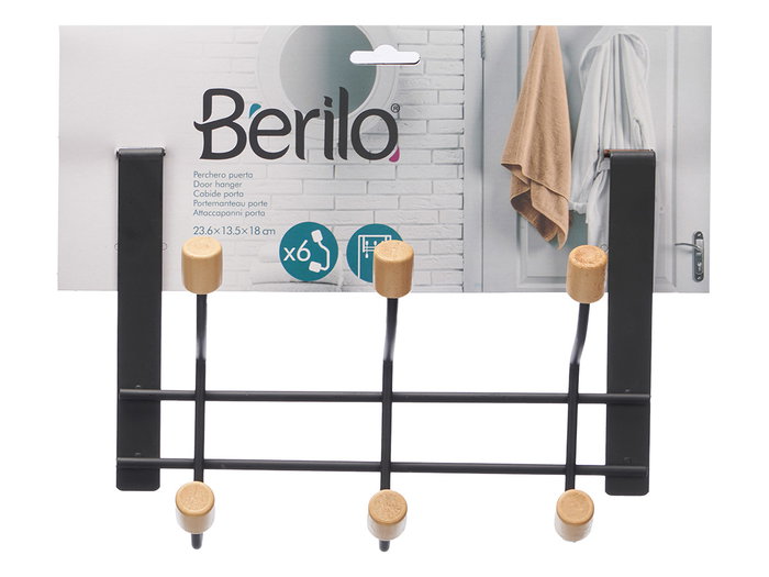 Berilo Perle 6 Crochets Porte Noire Métal Bois 24x18x12.5 cm (Set de 12)