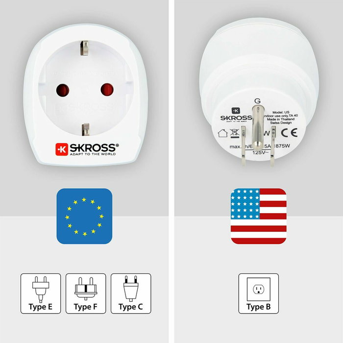 Adaptateur de courant Skross 1500203-E Européen États-Unis Adaptateur de courant Skross 1500203-E Européen États-Unis