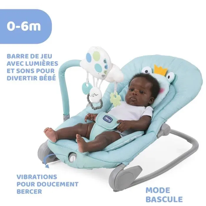 Chicco Transat Balloon Froggy avec vibrations, arche de jouets et musique - Transat bébé évolutif de la naissance à 18 kg