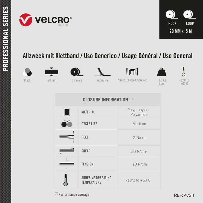 Ruban adhésif double face Velcro Noir 20 mm x 5 m