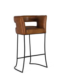 GINER Y COLOMER Tabouret en cuir naturel cognac avec structure métallique noire curviligne - Hauteur 101 cm, largeur 60 cm