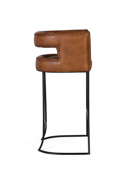 GINER Y COLOMER Tabouret en cuir naturel cognac avec structure métallique noire curviligne - Hauteur 101 cm, largeur 60 cm