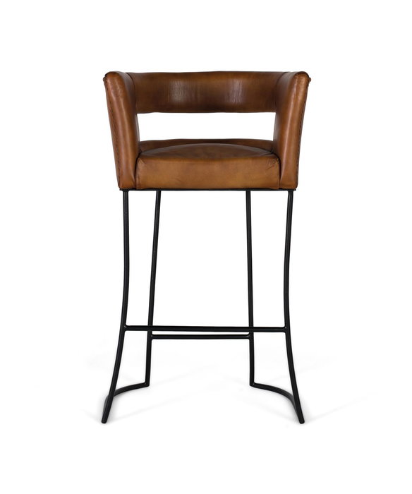 GINER Y COLOMER Tabouret en cuir naturel cognac avec structure métallique noire curviligne - Hauteur 101 cm, largeur 60 cm