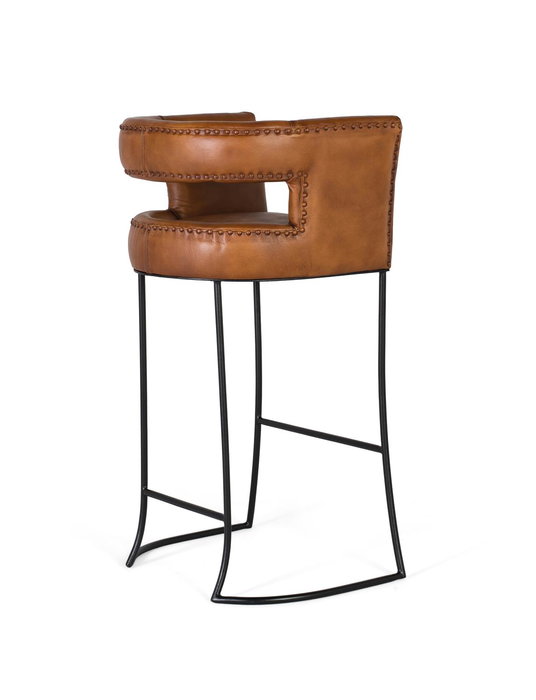GINER Y COLOMER Tabouret en cuir naturel cognac avec structure métallique noire curviligne - Hauteur 101 cm, largeur 60 cm
