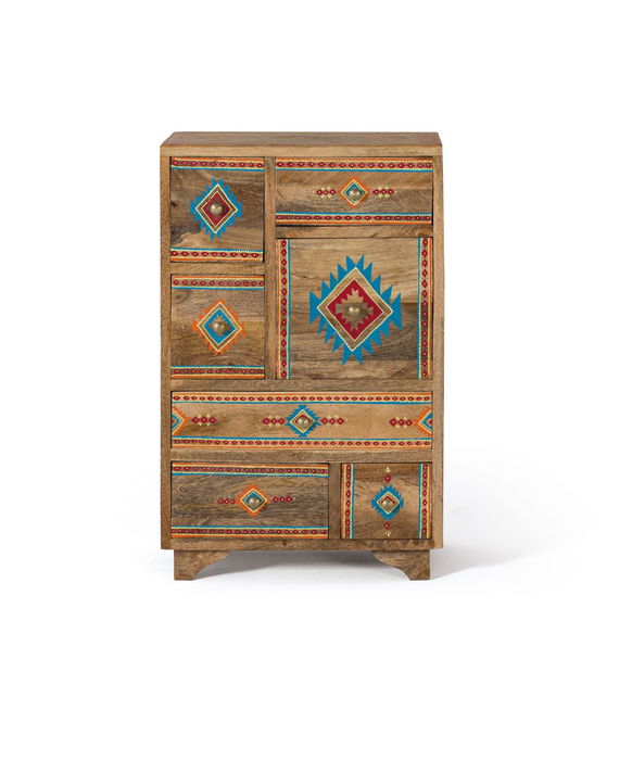 GINER Y COLOMER Table de chevet en bois de manguier multicolore avec 7 tiroirs et détails peints à main - 66 cm H