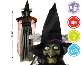 Bruja Verde Animée avec Chapeau et Lumière 183 cm pour Halloween - Décoration avec Effets Sonores et Mouvement