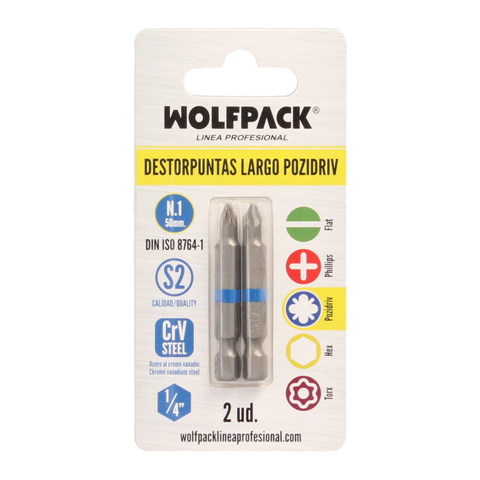 WOLFPACK LINEA PROFESIONAL Lot de 2 embouts Pozidriv N.1 en acier S2 WOLFPACK LINEA PROFESIONAL Lot de 2 embouts Pozidriv N.1 en acier S2