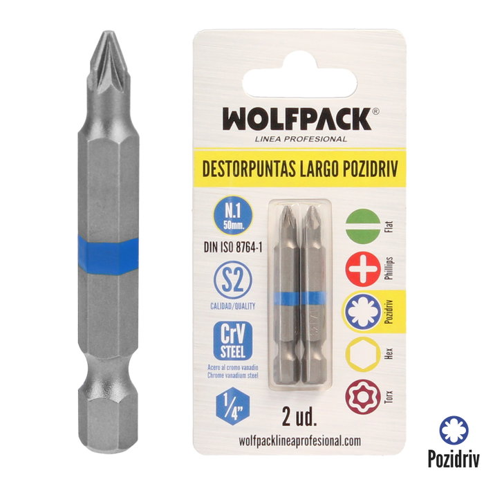 WOLFPACK LINEA PROFESIONAL Lot de 2 embouts Pozidriv N.1 en acier S2 WOLFPACK LINEA PROFESIONAL Lot de 2 embouts Pozidriv N.1 en acier S2