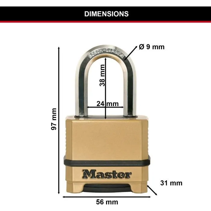 Master Lock M175EURDLF Cadenas à combinaison de sécurité extérieure, corps en zinc, anse longue 38 mm, diamètre 9 mm, résistance Excell