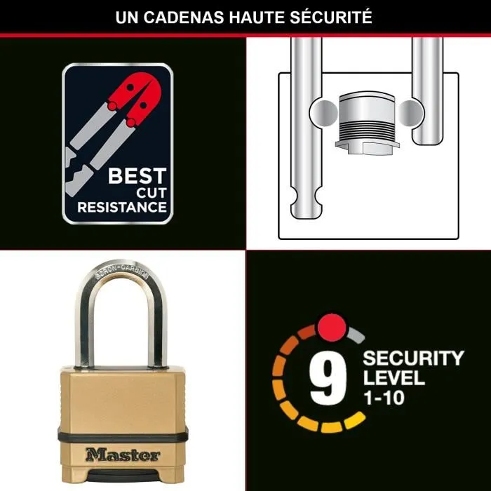 Master Lock M175EURDLF Cadenas à combinaison de sécurité extérieure, corps en zinc, anse longue 38 mm, diamètre 9 mm, résistance Excell
