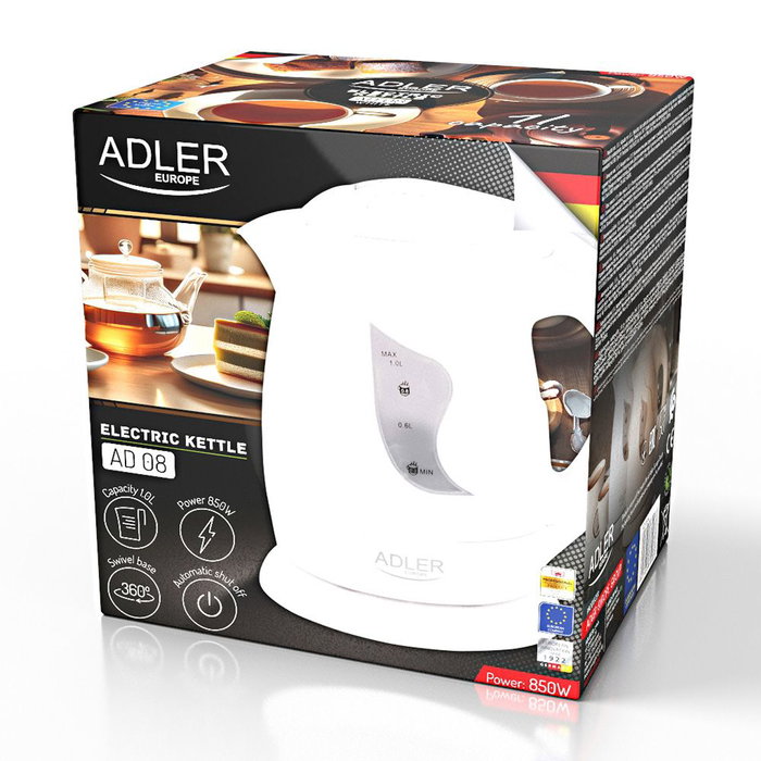 Adler AD 08 Bouilloire électrique 850 W 1 L Blanc avec arrêt automatique et base rotative 360°