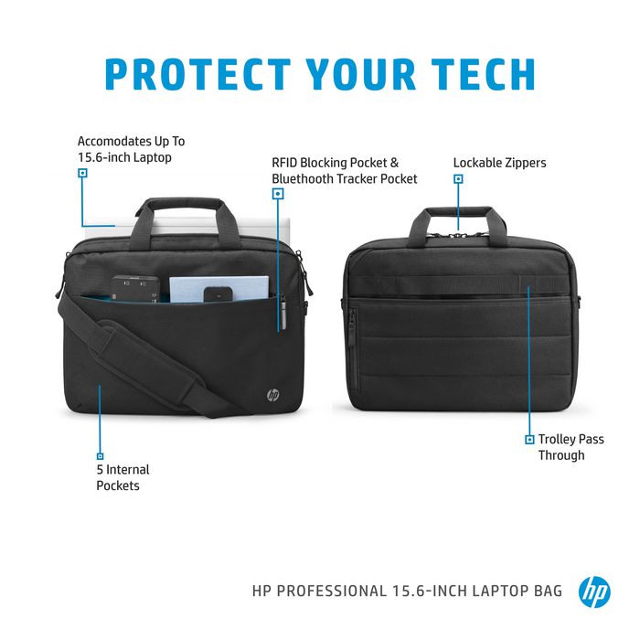 HP - Sacoche pour ordinateur portable professionnel 15,6 pouces - Écoresponsable, RFID, compartiment pour traceur Bluetooth, protection et organisation de voyage