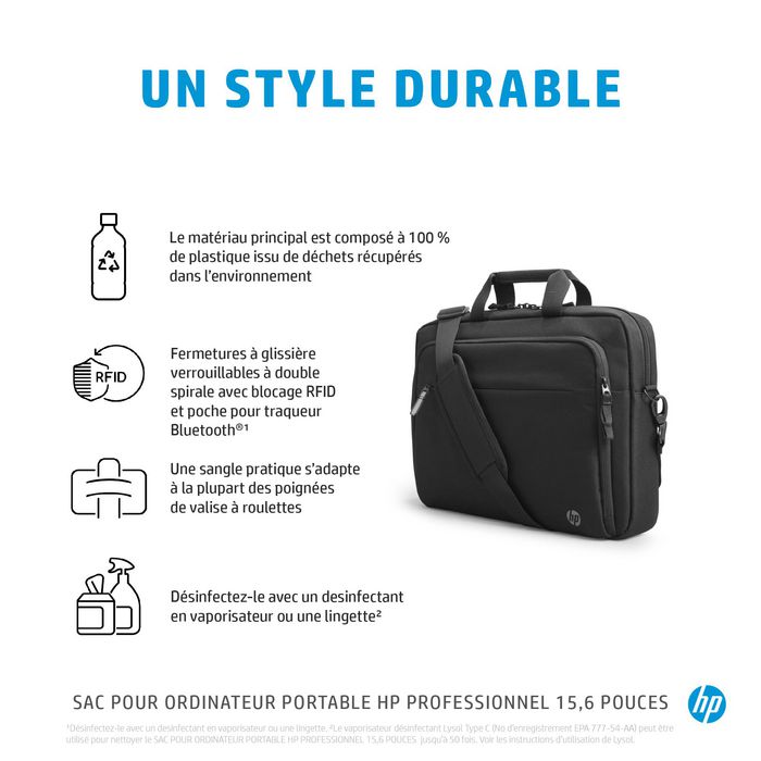 HP - Sacoche pour ordinateur portable professionnel 15,6 pouces - Écoresponsable, RFID, compartiment pour traceur Bluetooth, protection et organisation de voyage