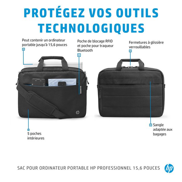 HP - Sacoche pour ordinateur portable professionnel 15,6 pouces - Écoresponsable, RFID, compartiment pour traceur Bluetooth, protection et organisation de voyage