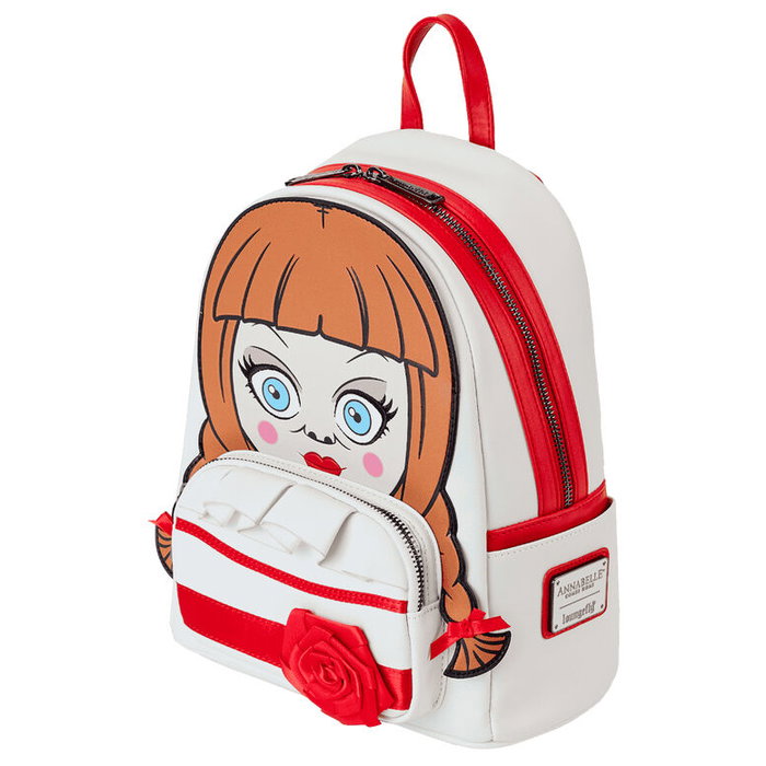 LOUNGEFLY Sac à Dos Cosplay Annabelle 26 cm en Similicuir Vegan - Poches Latérales, Broderies, Applications 3D et Doublure Coordonnée