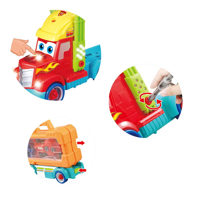 Tachan - Camion de Formule 1 avec Éclairage et Son - Coffret de Construction 36 Pièces avec Outils et Voiture de Course - Transportable - Jouet Éducatif - À Partir de 3 Ans