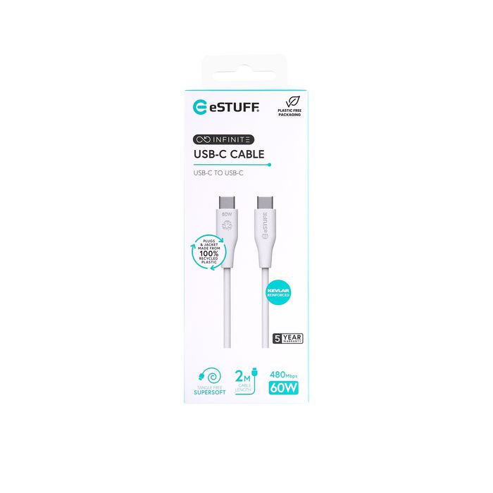 eSTUFF Câble USB-C vers USB-C INFINITE GRS 2 m Blanc - Sans PVC, Recyclé, Renforcé Kevlar, Charge 60W, 480 Mbps, 35000 Flexions eSTUFF Câble USB-C vers USB-C INFINITE GRS 2 m Blanc - Sans PVC, Recyclé, Renforcé Kevlar, Charge 60W, 480 Mbps, 35000 Flexions