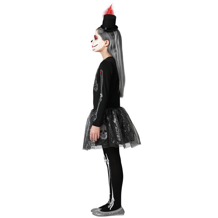 Déguisement Squelette Brillant avec Jupe et Détails Crânes pour Fille Halloween, Taille 7-9 Ans, Noir