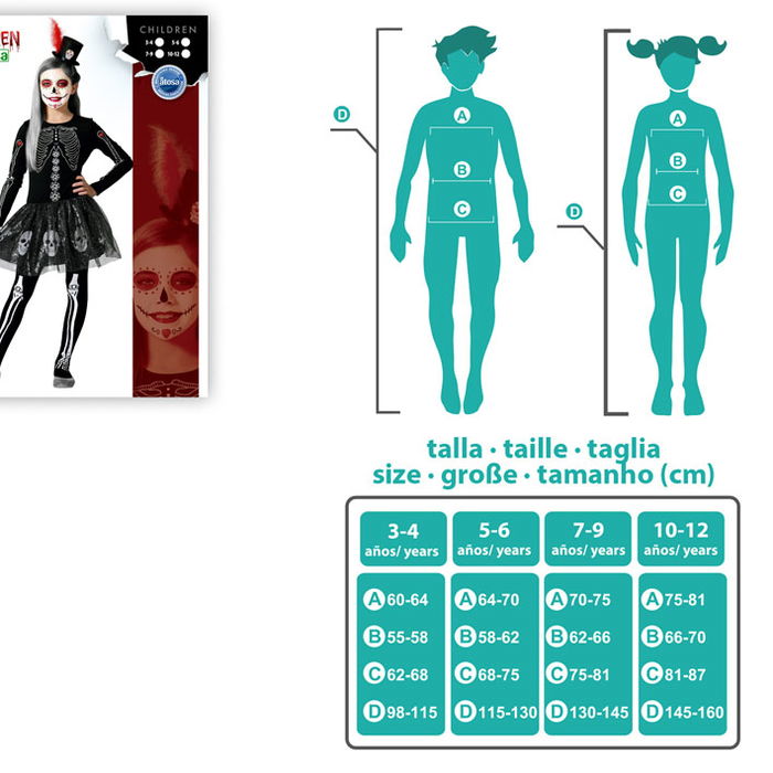 Déguisement Squelette Brillant avec Jupe et Détails Crânes pour Fille Halloween, Taille 7-9 Ans, Noir