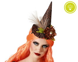 Diadème de sorcière avec chapeau et fleurs brunes en tissu pour déguisement adulte femme - Accessoire Halloween et fantasy