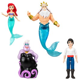 MATTEL Disney Princess Figurines Articulées La Petite Sirène (Ariel) - Set de 4 Personnages : Ariel, Prince Eric, Roi Triton et Ursula avec Trident - 8,9 cm