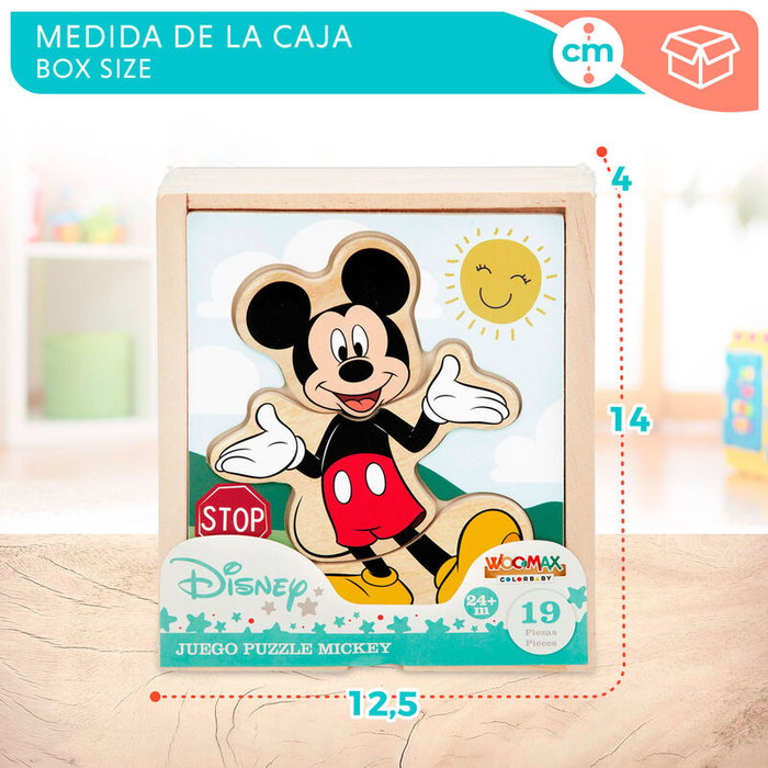 WOOMAX Puzzle en bois Mickey Disney - 19 pièces - Boîte 14x12,5x4 cm - À partir de 24 mois
