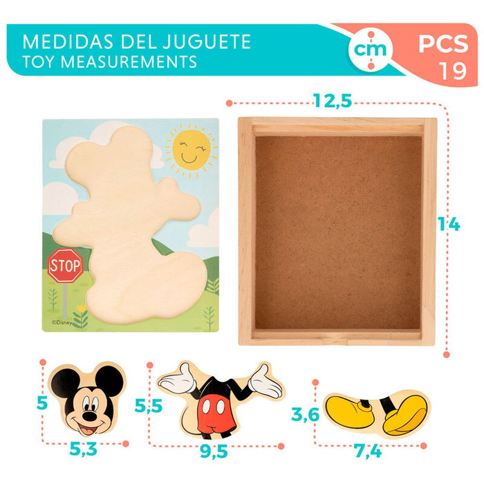 WOOMAX Puzzle en bois Mickey Disney - 19 pièces - Boîte 14x12,5x4 cm - À partir de 24 mois
