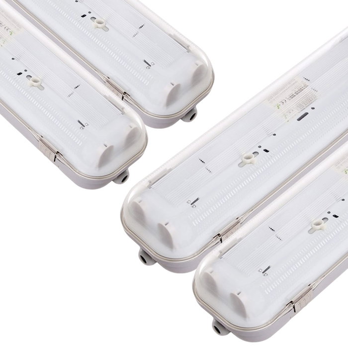 Lot de 4 kits d'éclairage étanches et connectables pour deux tubes LED 1200 mm ABS/PC avec clips en acier inoxydable