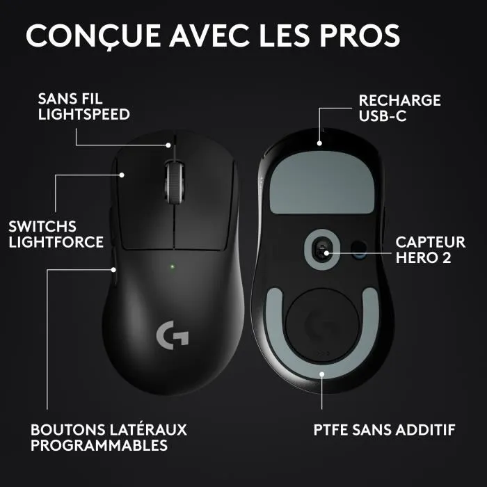 Logitech G Souris Gamer Sans Fil G Pro X Superlight 2 DEX, Noir, Performance Légère, Capteur HERO 2, Technologie LIGHTSPEED