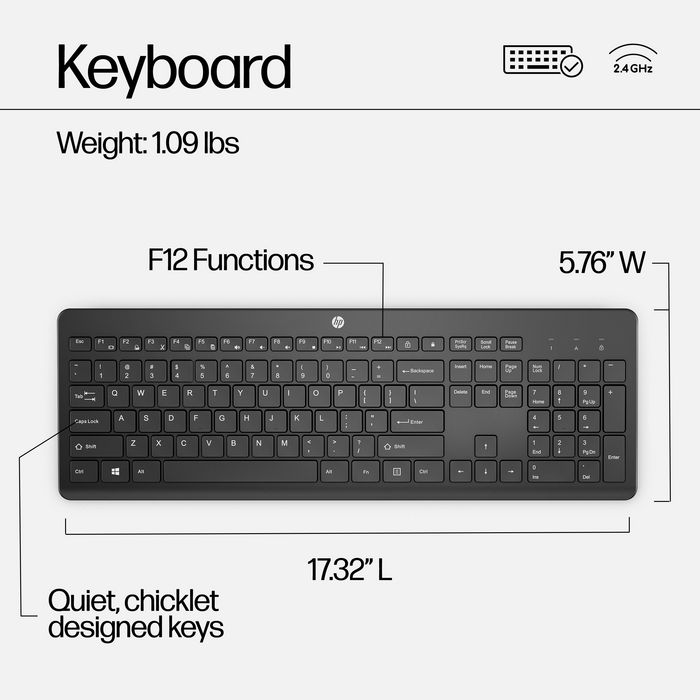 HP - Combo clavier et souris sans fil HP 230, 1600 DPI, 12 touches de fonction, longues autonomies - Clavier AZERTY / QWERTZ