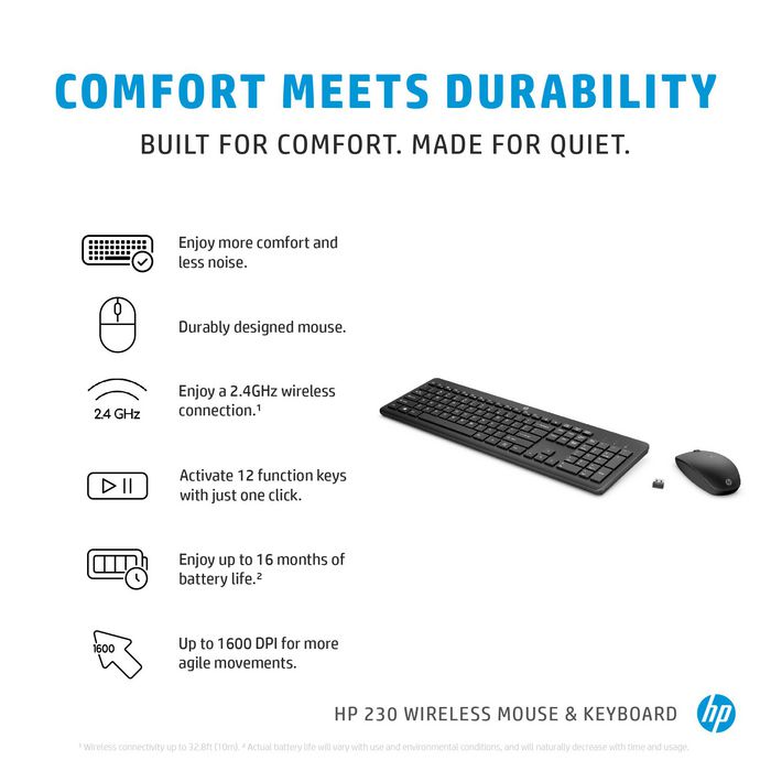 HP - Combo clavier et souris sans fil HP 230, 1600 DPI, 12 touches de fonction, longues autonomies - Clavier AZERTY / QWERTZ
