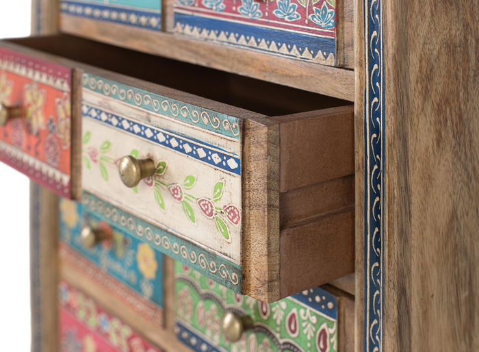 Giner y Colomer - Commode de chevet en bois de mango, 10 tiroirs peints à la main avec motifs floraux, finition naturelle, 36x9x? cm