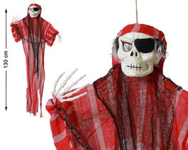 Pirate Squelette Suspendu 130 cm avec Cache-œil et Costume Rouge à Rayures - Décor Halloween et Fêtes