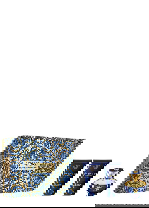 Versace - Coffret Cadeau Dylan Blue Femme : Eau de Parfum 50 ml + Lotion Hydratante pour le Corps 50 ml + Gel Douche Hydratant Tous Types de Peau 50 ml