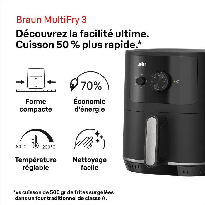 Braun MultiFry 3 Friteuse sans Huile - 4.3L, 1500W, Cuisson Saine et Rapide avec Technologie True Air - Noir