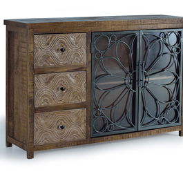 GINER Y COLOMER - Buffet en bois de manguier vieilli marron avec 3 tiroirs et 2 portes métalliques - 140 x 40 x 96 cm