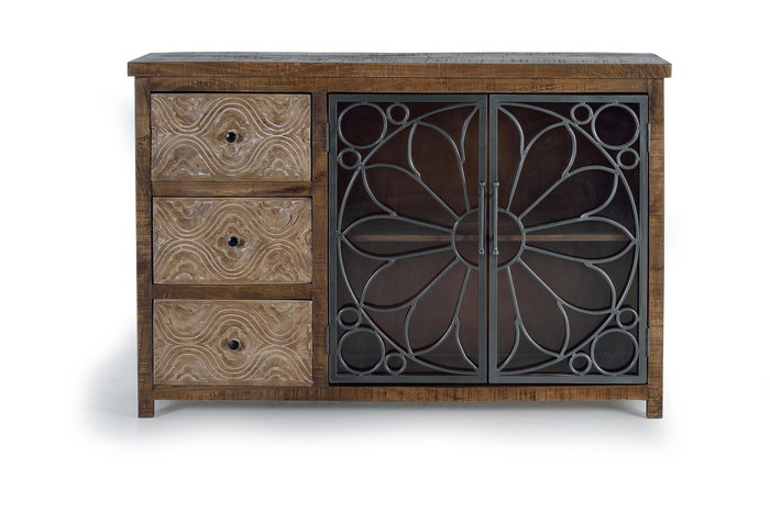 GINER Y COLOMER - Buffet en bois de manguier vieilli marron avec 3 tiroirs et 2 portes métalliques - 140 x 40 x 96 cm