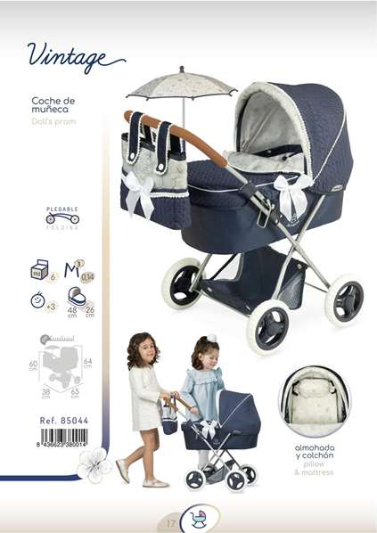 Decuevas Poussette de Poupée Pliable Vintage avec Parapluie - Dimensions 38x65x60 cm, en Métal, Plastique et Polyester