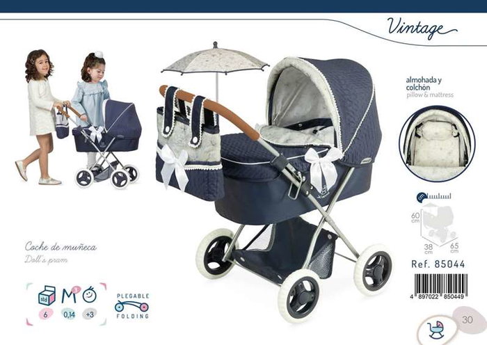 Decuevas Poussette de Poupée Pliable Vintage avec Parapluie - Dimensions 38x65x60 cm, en Métal, Plastique et Polyester