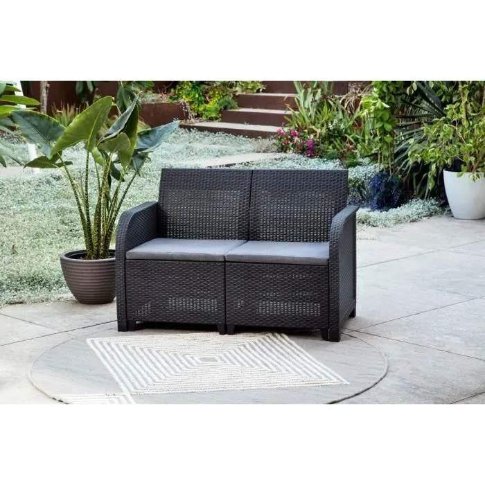 Allibert by Keter SanRemo Banquette de Jardin 2 Places, 113 x 63 x 74 cm, Résine Imitation Rotin Tressé, Gris Graphite avec Coussins