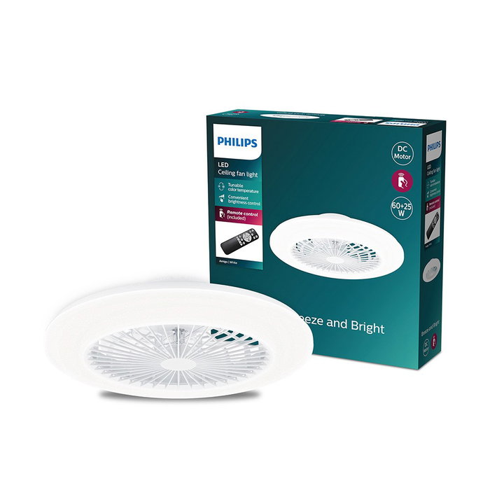 Philips Amigo Ventilateur de plafond blanc avec LED 3 CCT et diffuseur opale Philips Amigo Ventilateur de plafond blanc avec LED 3 CCT et diffuseur opale