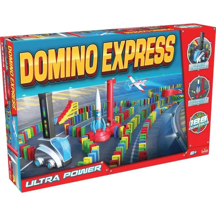 Goliath Domino Express Ultra Power, coffret avec Super Dealer pour créer des circuits à dominos automatiques, jeu de construction à partir de 6 ans